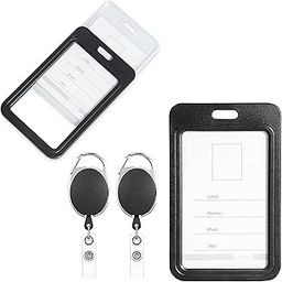 GLUN® Pack 2 Sliding Badge Holder Hard Black Vertical Plastic Card Case Protector with Retractable Badge Reel Carabiner for Office School ID Credit Proximity Key Card Driver’s License and Pass-46
