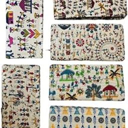 Traditional Indian Folk Art Print Wallet Clutch, Cotton Fabric, Multi-Colour Pattern, Zip Closure (Set of 6 Pcs)-39