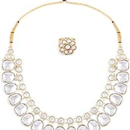 Gold Tone Dazzling Kundan Statement Necklace Earring & Ring Set For Women-ZPFK15659-1