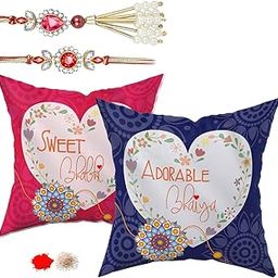 Kaameri Bazaar Rakhi for Brother and Bhabhi Gift Pack - Lumba Rakhi Set, 2 Cushion Cover with Filler, Raksha bandhan Greeting Card, Roli Chawal - Adorable bhai Sweet bhabhi Quote-image-84