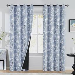 BFAM Floral Print 100% Blackout Curtain with Black Linning at Back, Floral Print Curtains for Living Room/Bedroom Thermal Insulated Energy Saving, Blue Flower, 5FT, Set of 1-image-35
