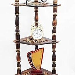 Rehmi Handicrafts Decorative 3-Tier Mini Side Rack Corner Display Stand with Clock, Wooden Carved Posts, Trophy Shelf, Motorcycle Decor, Brown-image-93