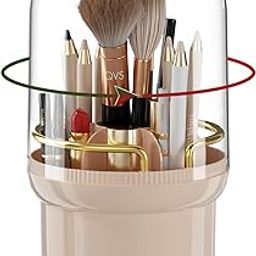 Makeup Brush Holder- 360°Rotating Cosmetic Organizer With Lid, Large Capacity & 7 Storage Sections | Multipurpose Dressing Table Organizer For Women| Vanity Toiletry 22 * 12cm (Pink)-image-6