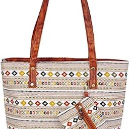 Women's Tote Bag with Leather Handles & Embroidery Printed Handbag with Zip Pockets, Shoulder Tote Bag and Handbag for Office and College (Geometric design, 30.2x27x9.8 cm)-image-43