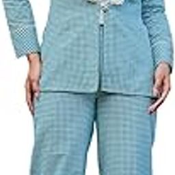 Sea Green Cotton Checks Print Shawl Neck CO-Ord Set with Embroidery_(1512CRDSG_M)-image-61