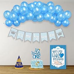 Party Propz Its My Half Birthday Decorations- 24pcs | 6 Months Decorations For Boys | 1/2 Birthday Decorations for Boy | Half Birthday Decoration, Cake Topper, Cap | Half Birthday Banner (Cardstock)-18
