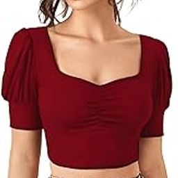 Sweetheart Neck Ruched Front Puff Sleeve/Half Sleeve Streachable Solid/Plain Slim Fit Crop top for Women | Women's Slim FIT Crop TOP | Tops for Women-image-5