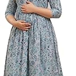 Floral Print Cotton Maternity Gown with Zip and Front Buttons, 100 cm Length-image-16