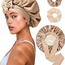 Reversible Satin Bonnet for Sleeping Women Double Layer Hair Bonnet with 2PCS Hair Scrunchies Elastic Tie Band Night Cap-25