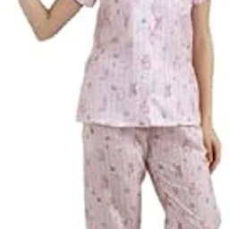 house of comfort Women's Cotton Nightwear Set, Short Sleeve Notch Collar Shirt with Pyjama Set-picture-2
