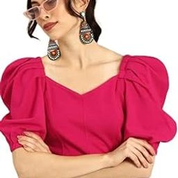 Sweetheart Neck Ruched Front Puff Sleeve Half Sleeve Streachable Solid Plain Slim Fit Crop top for Women | Tops for Women (104)-image-52