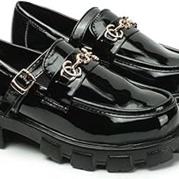 Smart Casual Golden Saddle Front Buckle Detailed Loafers for Women & Girls-image-92
