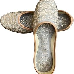 Women's Traditional Embroidered Mojri Jutti Ballet Flats, Silver and Gold, Decorative Pattern-image-84
