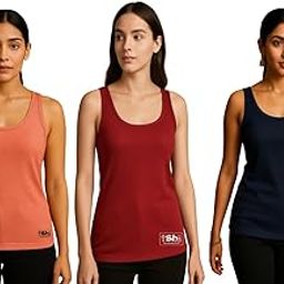 Women's Cotton Tank Top Camisole, Sleeveless, Pack of 3 (in, Alpha, Free Size, Regular, Coral-Maroon-Navy Blue)-image-88