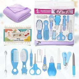 Majestique Baby Safety Cotton Swabs, 100% Cotton & Paper Organic Soft Gentle Tip, Baby Grooming Care Kit, Baby Brush, Hair Comb, Scissor, Nail Clipper, Nail Filer and Soft Towel (Blue/Pack of 12)-picture-4