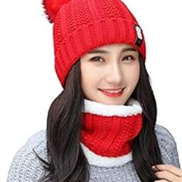 Winter Soft Warm Snow Proof Pom Pom Cap (Inside Fur) Woolen Beanie Cap With Scarf for Women's & Girl's (Red, Freesize)-(Pack of 02)-image-112