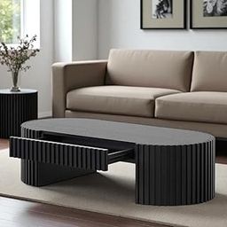 Modern Midnight Ripple Oval Coffee Table with Hidden Drawer and Sculpted Ribbed Base-image-87