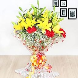 FlowerAura Fresh Live Flower Bouquet of 10 Red Carnations & 5 Yellow Lilies For Birthday Gift, Anniversary Gift, Wedding Gift, Congratulations Gift & Gift For Special Occasions (Same Day Delivery)-image-58