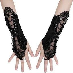 Women Evening Opera Satin Gloves Fingerless Gathered Lace Sequins Bridal and Costume Party Gloves-image-13
