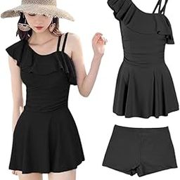 Women's 2-Piece Swimsuit, One Piece Set, Short Pants, One Shoulder, Ruffle, High Waist, Body Cover, Swimwear, Hot Spring Swimsuit-image-30