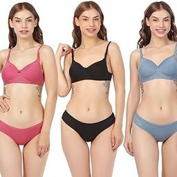 Multi Pack 100% Cotton Full Padded Bra and Seamless Design Panty Set for Women for Girls Adjustable Multi Colour Breathable Fabric-image-14