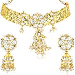 Gold Plated Kundan & Beads Studded Necklace & Jhumki Earrings Set Ethnic Stylish Fashion Jewellery Gift for Girls Women-image-55