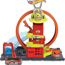 Hot Wheels™ City with 1 Toy Car, Kid-Powered Elevator, Water-Like Ramp, Track-Play Features, Connects to Other Sets, Fire Station with Super Loop​​-1