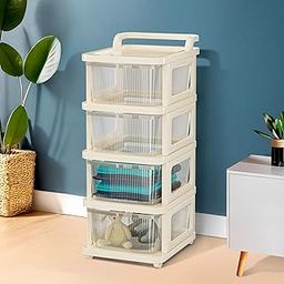 Kuber Industries 4 Layer Plastic Modular Storage Drawer Organizer with Wheels | Chest of Drawer Storage Box for Living Room, Office, School and Home | Toys Organiser for Kids Room | Transparent Ivory-22