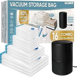 SELLWIZE Vacuum Storage Bags with Electric Pump, 16 Pack (3 Jumbo/3 Large/5 Medium/5 Small), Space Saver Bags with Pump, Storage Vacuum Sealed Bags for Clothes, Comforters, Blankets, Bedding-image-0