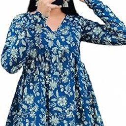 Women's Empire Waist Tunic Top, Turquoise Paisley Print, Long Sleeves, V-Neck, Hip Length-image-37