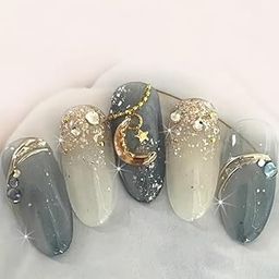 Moon and Star Nail Art Stickers with Nail File, Y2K Style, Grey and White Gradient Design-image-74