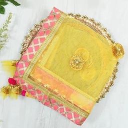 POORTI Enterprises Shagun Thaal Cover Pure Net with Embroidered Border/Multipurpose/Wedding Rituals/Pooja Thali - Yellow Color-image-7