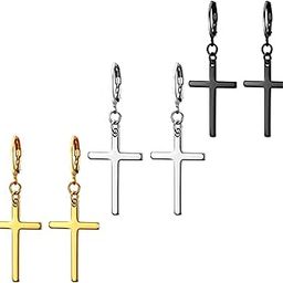 3 Pairs of Cross Earrings for Men Women - Stainless Steel Hoop Earrings Dangle Drop Cross Earrings Silver Gold Black-image-43