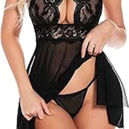 Women’s Lace Keyhole Front Sleeveless Babydoll Lingerie Set with Thong Panty in Net Fabric Female Wedding Nightgown for Honeymoon and Anniversary-image-71