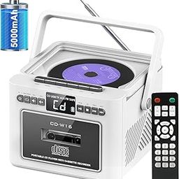 Jazmm Boombox CD Player,CD Cassette Player Combo with Bluetooth,5w HiFi Speakers,Built-in 5000 Rechargeable Battery,FM Radio,Tape Recording,Remote Control,USB/AUX/Micro SD/3.5mm Headphone for Home-14