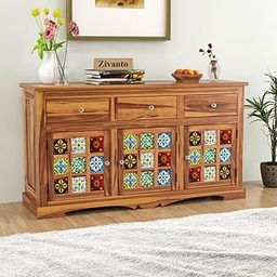 Sheesham Wood Sideboard and Cabinets | Wooden Side Board Tv Cabinet with Multicolor Tiles for Living Room | Free Standing Buffet Cabinet with 3 Drawers & 3 Door Storage | Natural Finish-15