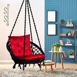 Patiofy Round Cotton Home Swing For Adults&Kids/Hanging Jhula For Balcony,Indoor,Outdoor/Weight Capacity 100Kgs/Includes Hanging Kit&Red L Cushion/Handmade Wooden Swing For Living Room(Black),46 Cm-image-27