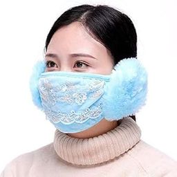 2 IN 1 Adult Lace Mask Christmas Ear Muffs Double Layer Reusable Mask Scarf Neck Protector Mask Earmuffs Sky Blue-image-6