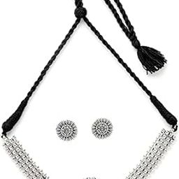 Stylish Oxidised Silver Choker Necklace Set With Studs Earring | Jewellery Set For Women (NS105511)-image-62