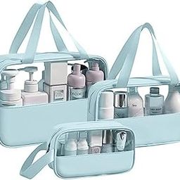 Travel Toiletry Pouch for Women & Men, Portable Cosmetic Organizer Bag for Full-Sized Shampoo, Brushes Set, Toys, Stationery, Bathroom & Makeup Accessories (Blue, 3 pcs Set)-53