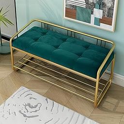 FLIPSSHOPPEE Ottoman Bench, Velvet-Covered Wrought Iron Shoe Rack Space-Saving, Metal Ottoman Rack with Cushioned Seat for Entryway, Bedroom, Closet, and Living Room [Green]-image-43