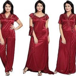 Eibeauty Women's Satin Blend Solid Nightwear Set Pack Of 4 (4Pc-01_Maroon_Free Size)-image-74