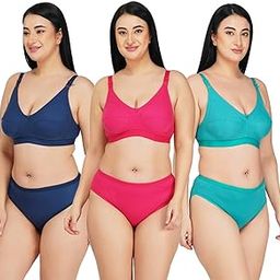 Women's Cotton Mix Full Coverage Non Padded Bra Panty Set for Heavy Bust Lingerie Set Combo-image-37