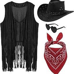 Western Cowgirl Outfits Set Including Fringe Vest Cowgirl Hat Heart Shaped Sunglasses and Bandana for Women Halloween-image-33