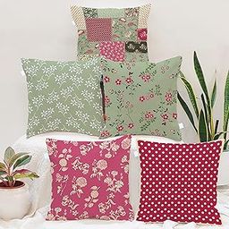 BRICK HOME Peach-Patch Printed Poly Cotton Cushion Cover, Multicolour, 16x16 Inches, Set of 5-image-4