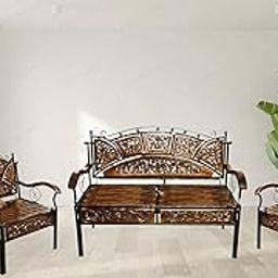 Urban Art Store Wood & Wrought Iron Sofa Set 4 Seater for Livingroom, Bedroom, Office, Porch, Garden, Balcony - Brown & Black-2