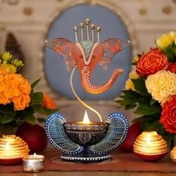 Decorative Ganesha Showpiece Candle Holder | Spiritual Harmony Ganesha Idol Tea-Light Holder | Iron Craft Diya for | Handmade Hand-Painted Ganesha Candle Holder - Pooja Room Decor, Laddu Ganesh-image-76