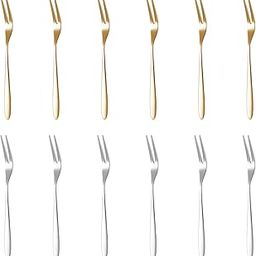 Supvox® 12Pcs Fruit Fork Set - Stainless Steel Fruit Fork, Reusable Small Food-Grade Pastry Forks for Parties, Weddings & Home Use (Golden & Silver 5.1" )-11