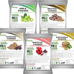 Henureeka Organic Hair Care Powder Set, Amla, Reetha, Shikakai, Hibiscus, Bhringraj, 100% Chemical-Free, (Pack of 5, 50gm Each)-image-1