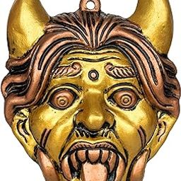 SalvusEstore Handmade Metal Bhootni with Seengh, Nazar Battu for Evil Eye Protection & Wall Hanging Decor (Golden_6x5 inch)-image-9